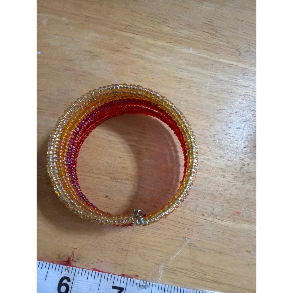Red Orange Gold Seed Bead Multi Strand Memory Wire Wrap Cuff Bracelet